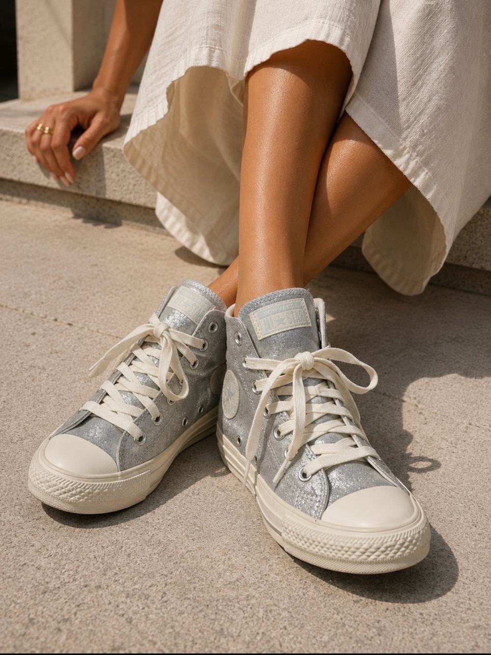 Converse Women's Silver Glitter High-Top Sneakers with Cream Laces Sz 83 EU